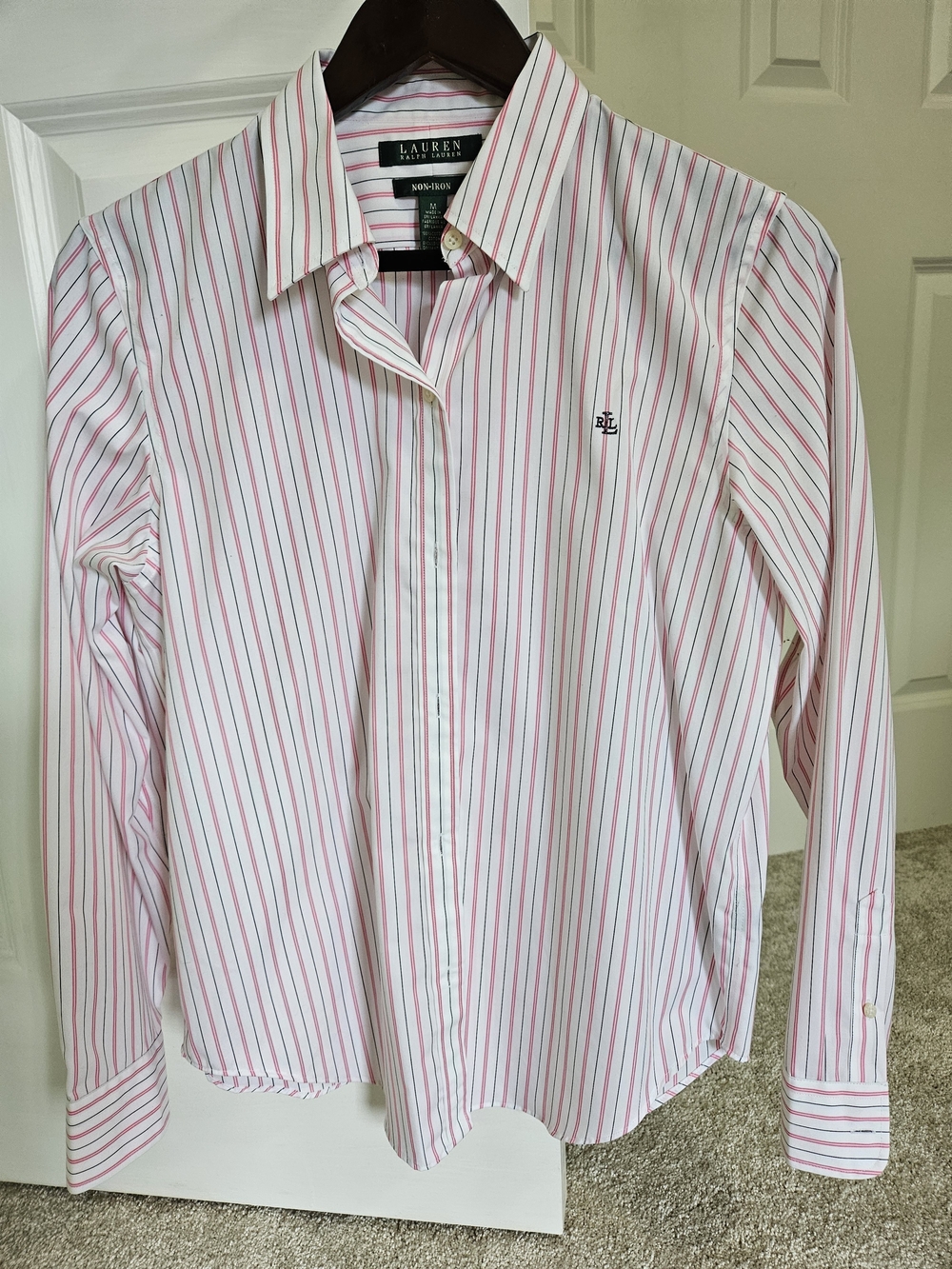 Lauren Ralph Lauren Women’s Pink And Black Stripe Cotton Dress Shirt